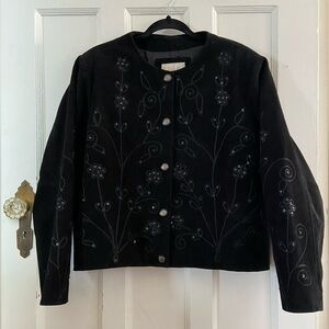 Vintage 1980s-1990s Black Suede Jacket: Floral Sequin Embroidered Bohemian Style